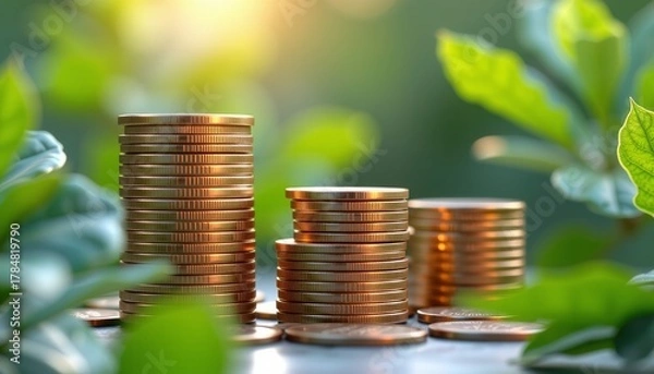 Fototapeta Stacks of gold coins amidst lush greenery economic wealth nature close-up hyperreal render of metallic shine