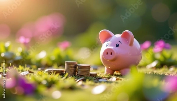 Fototapeta Tiltshift miniature diorama effect savings journey with piggy bank and coins nature setting close-up view financial growth concept