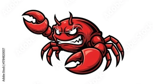Fototapeta Fierce Red Crab with Claws and Angry Expression on White Background Isolated Digital Illustration