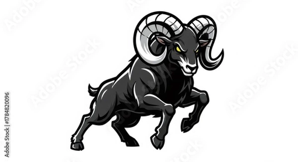 Fototapeta Illustration Of A Black Ram With Large Horns Running Forward On A White Background
