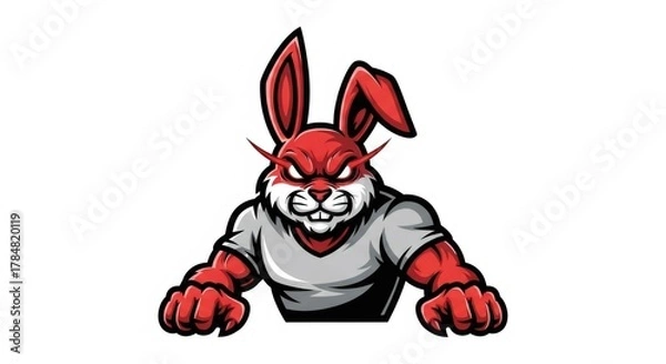 Fototapeta Illustration of an Angry Red Rabbit with Strong Muscular Arms Wearing a Grey Shirt Against a White Background