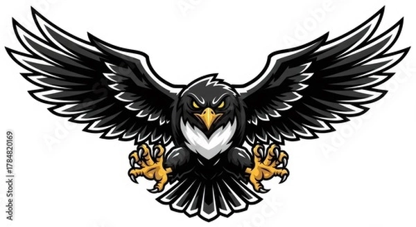 Fototapeta Majestic Black Eagle Spreading Wings with Yellow Talons on White Background Animal Representation