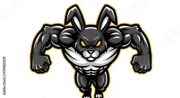 Fototapeta Muscular Black Rabbit Mascot with Yellow Eyes on White Background