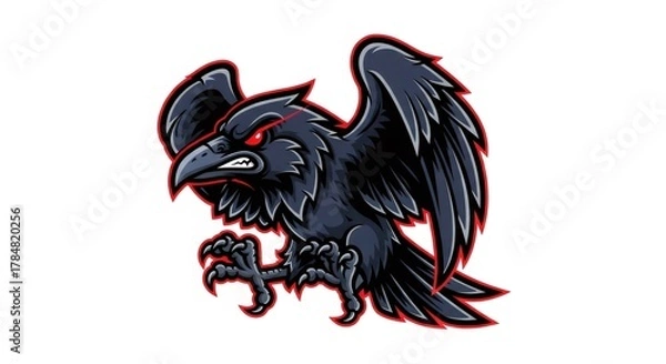 Fototapeta Pixelated Black Raven with Red Outline and Eyes Against White Background