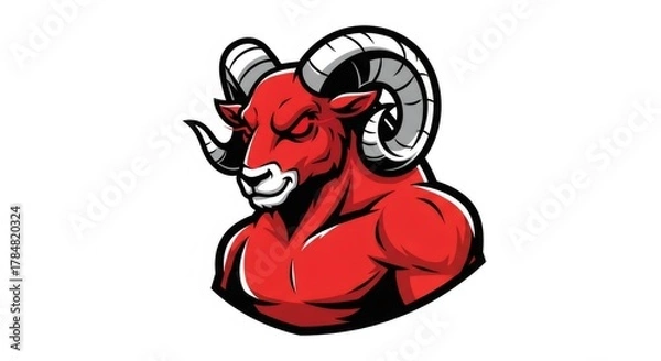 Fototapeta Red Cartoonish Illustration of Muscular Ram with Curled Horns on White Background