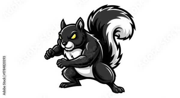 Fototapeta Stylized Black Squirrel with Angry Yellow Eyes and White Striped Tail on Clear White Background Detailed Cartoon Illustration
