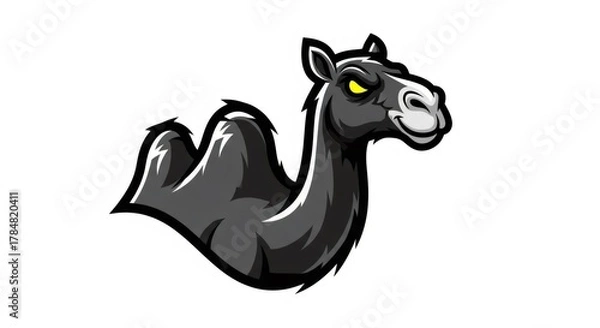 Fototapeta Stylized Illustration of a Dark Grey Camel with Yellow Eyes on White Background Graphic Design Animal Wildlife Humor Desert Creature Arabian Mammal