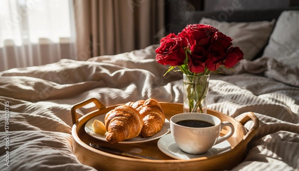 Obraz Romantic Breakfast in Bed with Fresh Coffee and Red Roses