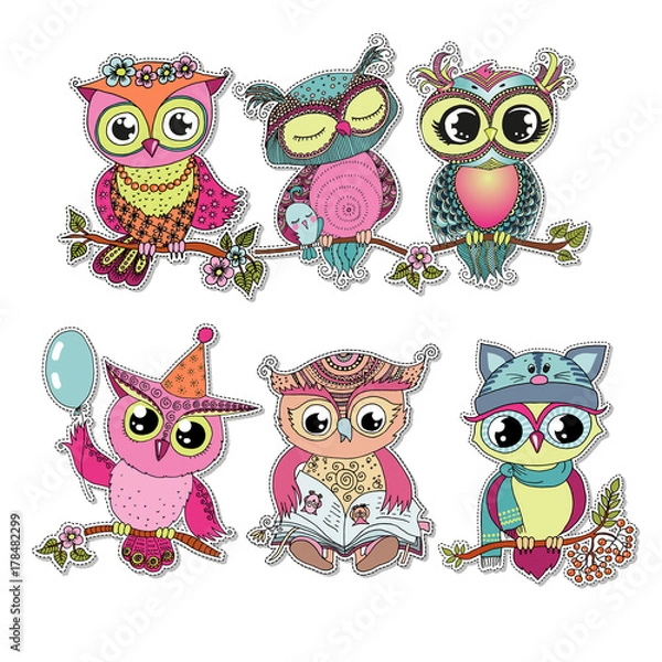 Obraz Six cute colorful cartoon owls