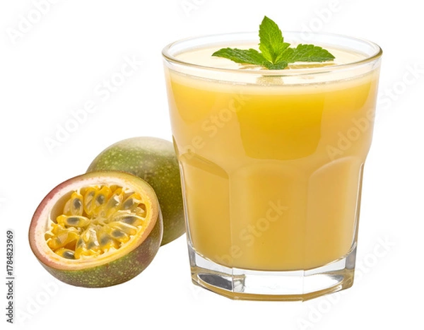Obraz A refreshing glass of passion fruit juice garnished with fresh mint leaves and accompanied by whole and halved passion fruits