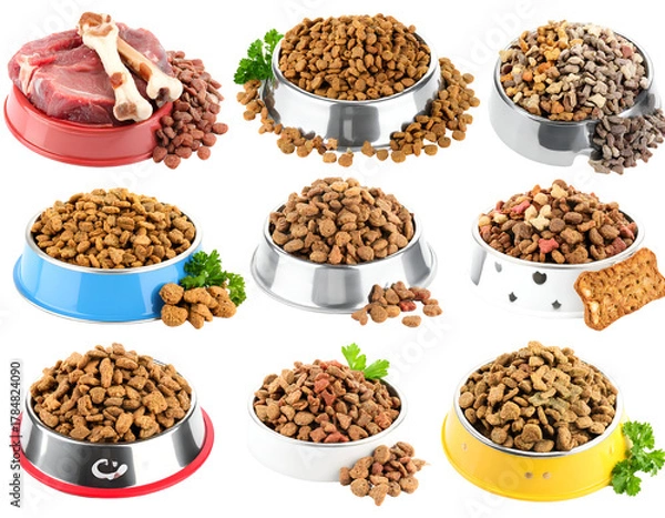 Obraz Assorted types of dry pet food and treats in various bowls with fresh herbs on a transparent background