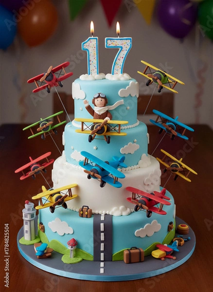 Fototapeta Aviation-Themed 17th Birthday Cake - Pilot Figurine and Airplane Decorations for Flight Enthusiast Celebration
