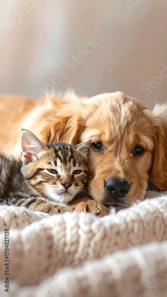 Fototapeta A sweet moment captured featuring a sleeping tabby kitten nestled beside a calm golden-coated puppy. Both resting comfortably on a soft, knitted blanket