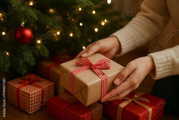 Obraz Hands placing Christmas gifts under the tree