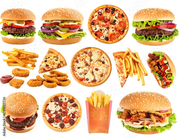 Fototapeta Assorted fast food items including burgers, pizzas, fries, and chicken nuggets displayed together on a transparent background