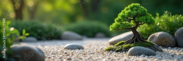 Fototapeta Serene zen garden with carefully raked gravel, smooth stones, and miniature bonsai tree creating a peaceful, meditative atmosphere Perfect for mindfulness, relaxation, and inner peace , refuge, focus