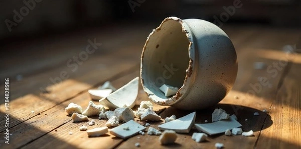 Fototapeta Shattered ceramic vase, pieces scattered on wooden floor A study in broken beauty, highlighting texture and light Ideal for themes of fragility, loss, or the impermanence of things , ceramic, art