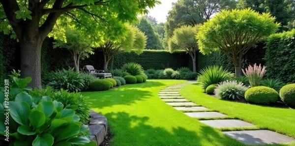 Obraz Tranquil backyard oasis featuring lush greenery, meticulously manicured lawn, and elegant stone pathway  Perfect for relaxation and outdoor entertaining ,  summer,  curb appeal,  relaxing