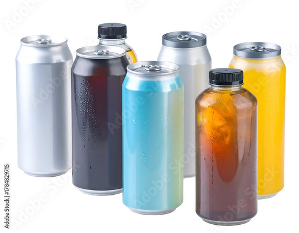 Fototapeta Collection of various aluminum cans and a glass jar filled with beverages against a transparent background