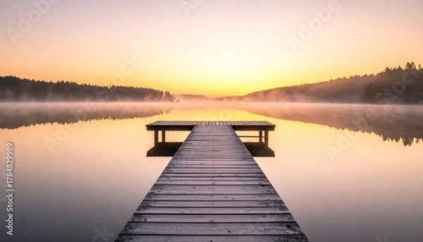 Fototapeta 霧立つ湖と木製デッキが映える朝の静寂
