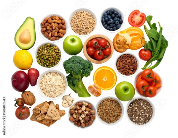 Obraz A colorful assortment of fresh fruits, vegetables, nuts, and grains arranged in small bowls and scattered on a surface