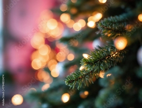 Fototapeta Close-up of Christmas tree branches decorated with warm glowing fairy lights, set against a soft colorful bokeh background, creating a festive, cozy and atmospheric holiday scene.