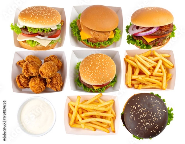 Fototapeta Assorted fast food items including burgers, fried chicken, fries, and dipping sauces arranged on a tray