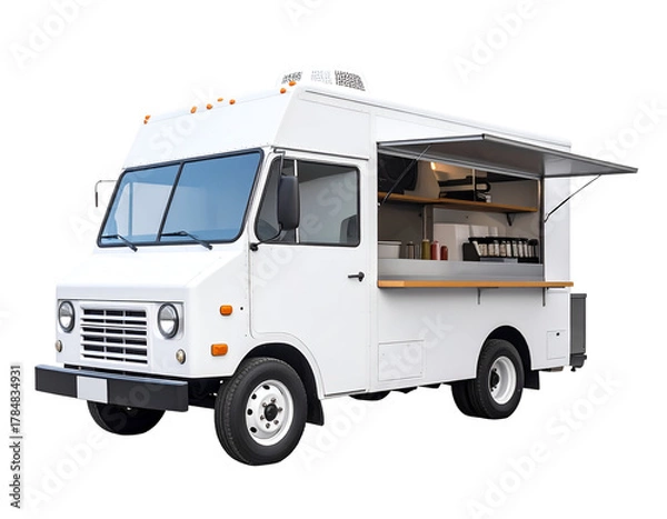 Obraz A mobile food truck with a serving window and interior setup for preparing and selling food on the go