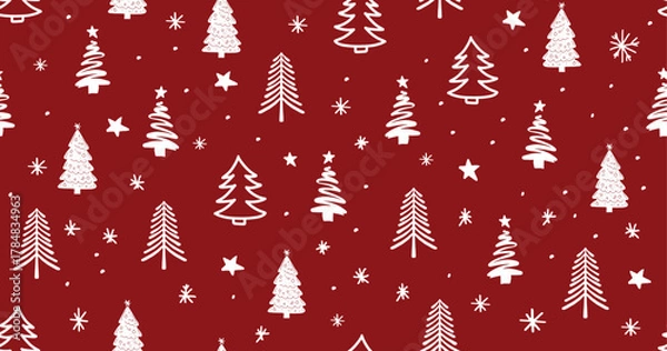 Fototapeta Christmas tree pattern on red background, Hand drawn illustrations.	
