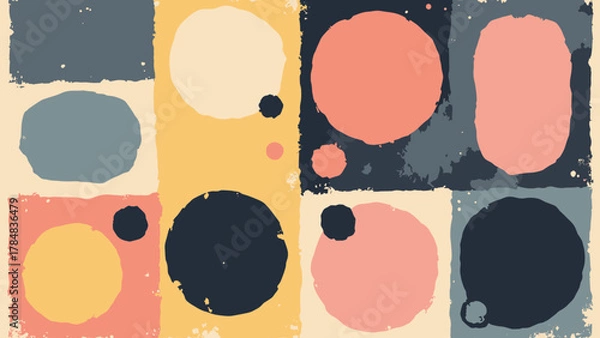 Fototapeta Memphis rounded grid — rounded rectangles in offset grid with drop shadows; palette: slate, pink, lemon, black