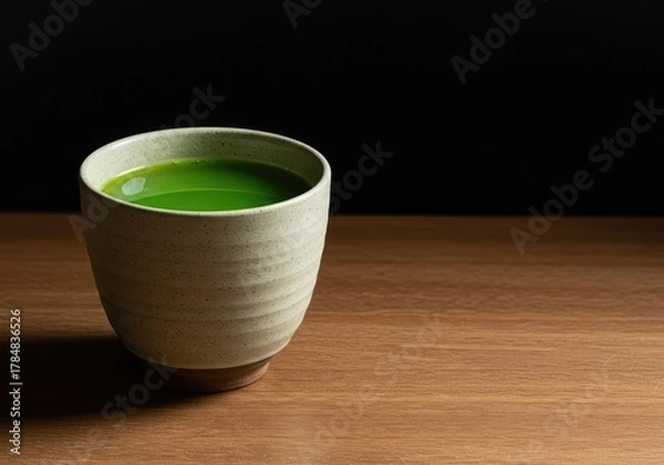Fototapeta A beautiful ceramic cup filled with vibrant green tea sitting on a simple wooden surface, emphasizing health and traditional beverage culture ,white ,matcha ,porcelain