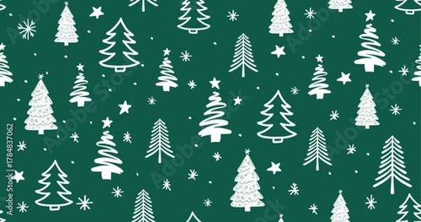 Obraz Christmas tree pattern on green background, Hand drawn illustrations.	
