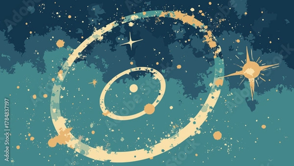 Fototapeta Atomic orbit rings — thin orbiting rings and tiny stars on textured field; palette: indigo, gold, mint, cream