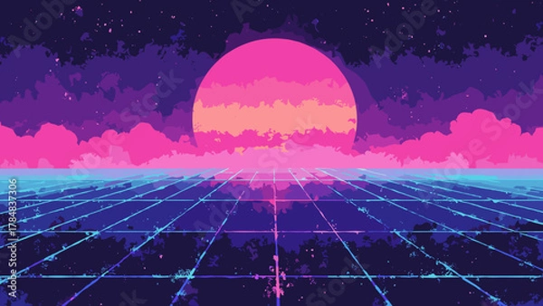 Fototapeta Synthwave horizon — linear sunband over horizon grid with grain and neon glow, palette: magenta, cyan, purple