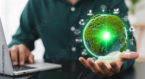 Fototapeta Embracing Sustainable Solutions A Hand Holding the Eco-Friendly Globe with Technology