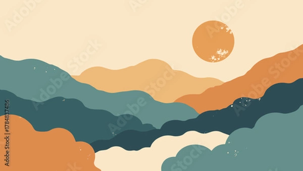 Fototapeta Abstract mid-century shapes — pebble-like organic forms in layered composition, palette: teal, ochre, cream