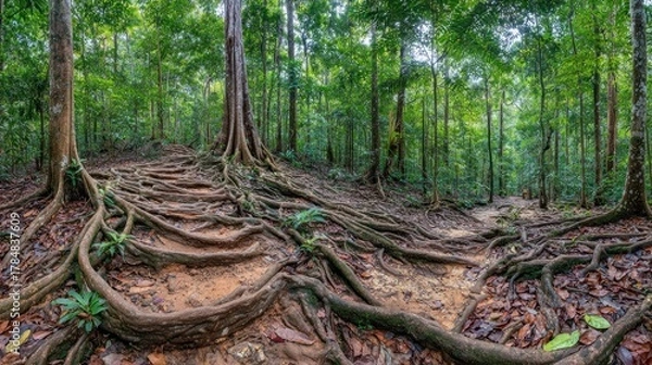 Fototapeta Lush rainforest path with prominent tree roots