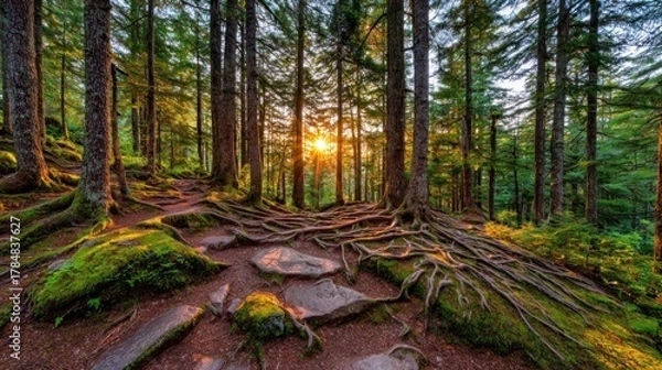 Fototapeta Sunlight streams through a forest, illuminating gnarled roots