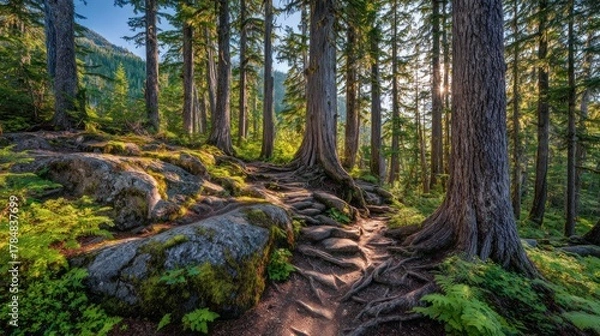 Fototapeta Sunlit forest trail winding through mossy rocks and ancient trees
