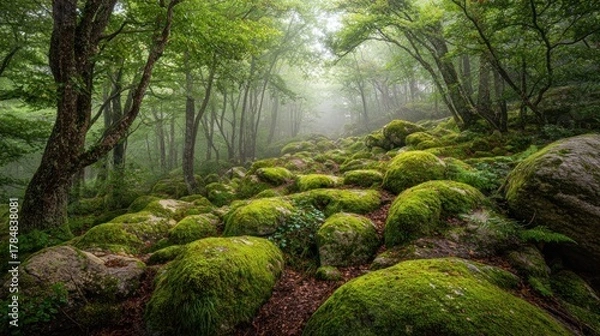Fototapeta Misty forest path lined with mossy rocks