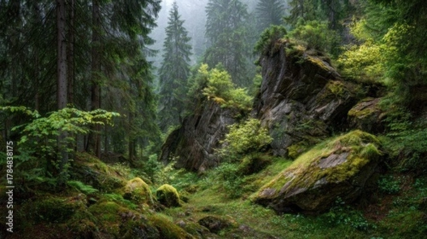 Fototapeta Misty forest scene with large rocks