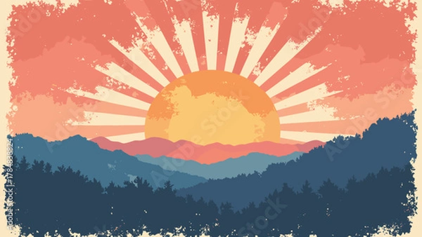 Fototapeta Retro sunburst tapestry — wide sunburst rays with textured halftone and faded edges, palette: coral, gold, navy