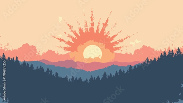 Fototapeta Sunburst halftone gradient — wide rays halftoned toward center with muted grain; palette: peach, coral, navy, bone