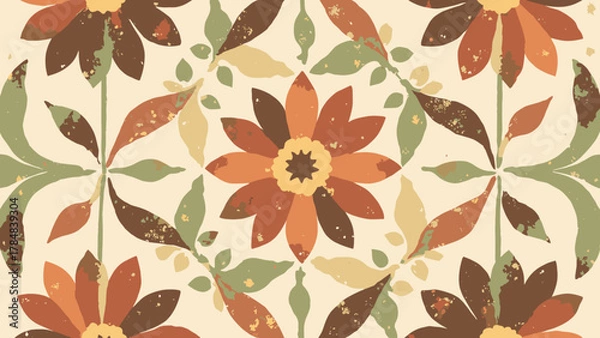 Fototapeta Groovy floral tile — stylized 70s flowers in tessellated repeat with paper texture; palette: terracotta, avocado, cream, brown