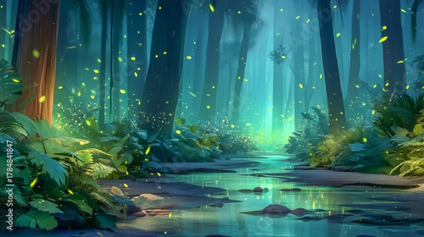 Obraz Mystical Forest Night Scene with Fireflies and Stream in Enchant