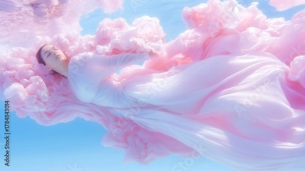Fototapeta Dreamy woman in flowing gown, pastel clouds surrounding, whimsical atmosphere, perfect for fantasy themes and inspirational content.