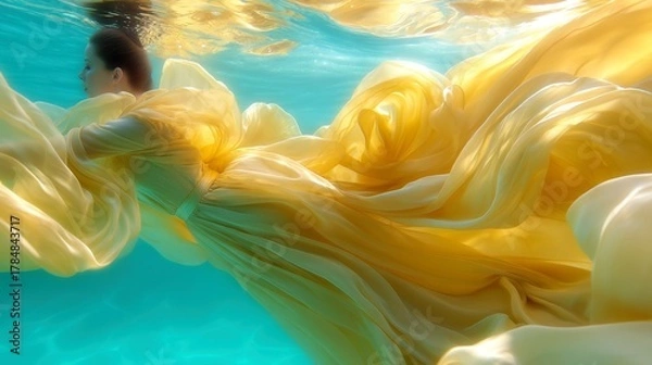 Fototapeta Abstract underwater scene, vibrant yellow and blue hues, flowing fabric creating soft textures, ideal for artistic projects.