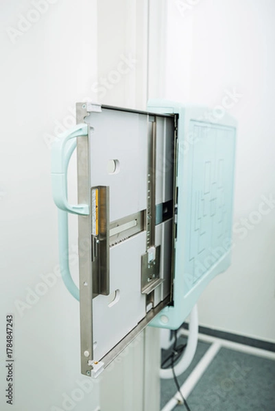 Fototapeta Close-up of X-ray detector being checked for cleanliness and stability during maintenance at medical imaging facility.