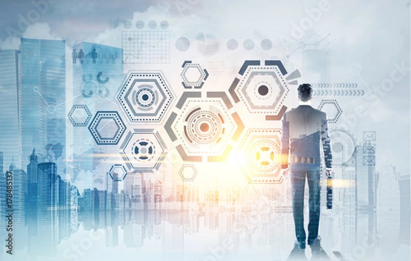 Fototapeta HUD and infographics, businessman with suitcase