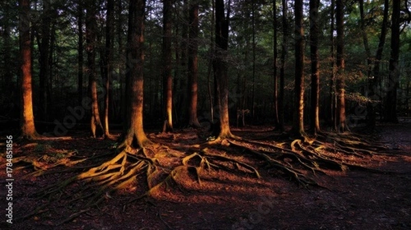 Fototapeta Sunlight filters through forest, illuminating exposed roots